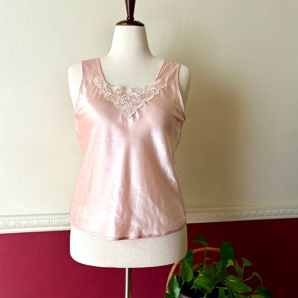 Vintage Escapades Pink Satin Lace Trim Camisole Tank Top M Coquette Romantic USA